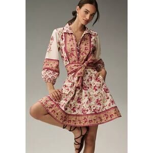 NWT Sue Sartor Long-Sleeve Flounce Mini Dress Size M Pink Combo 9B418